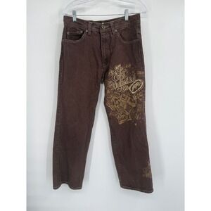 Y2K Ecko Unltd Baggy Skater Jeans Mens 32‎ Hip Hop Wide Leg Embroidered Brown